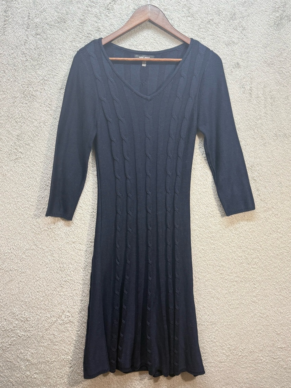 Nine West Black Cable-Knit V-Neck Midi Dress